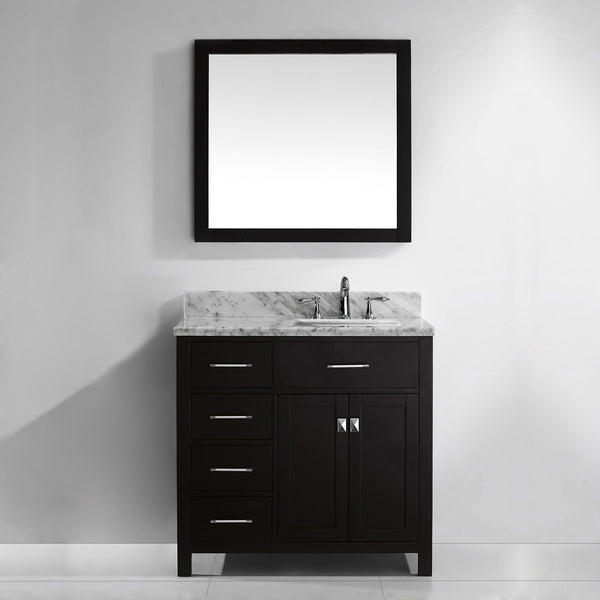 Virtu USA Caroline Parkway 36" Single Bath Vanity with Marble Top and Square Sink with Brushed Nickel Faucet and Mirror - Luxe Bathroom Vanities Luxury Bathroom Fixtures Bathroom Furniture