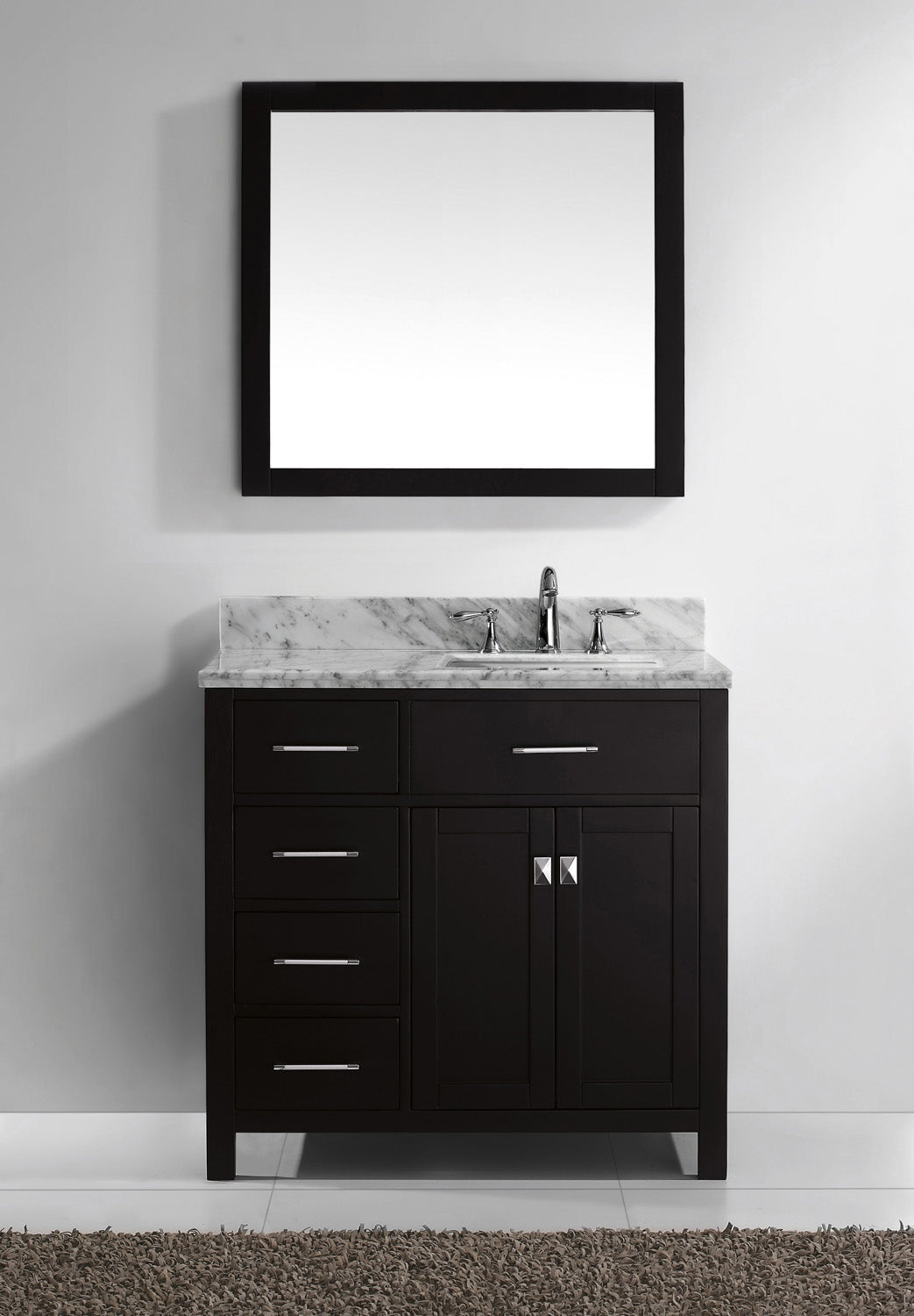 Virtu USA Caroline Parkway 36" Single Bath Vanity with Marble Top and Square Sink with Brushed Nickel Faucet and Mirror - Luxe Bathroom Vanities Luxury Bathroom Fixtures Bathroom Furniture