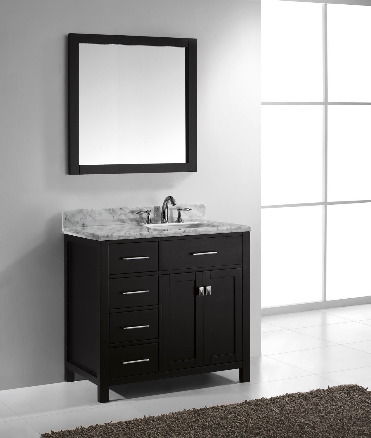 Virtu USA Caroline Parkway 36" Single Bath Vanity with Marble Top and Square Sink with Brushed Nickel Faucet and Mirror - Luxe Bathroom Vanities Luxury Bathroom Fixtures Bathroom Furniture