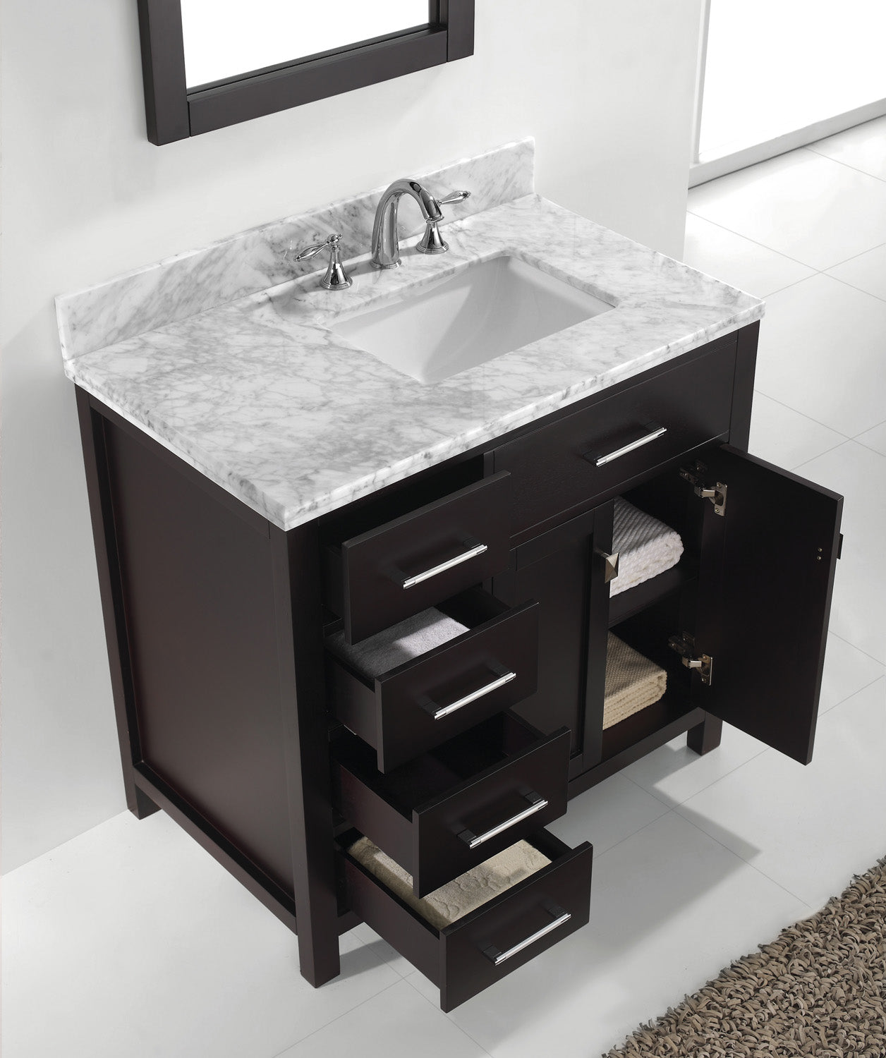 Virtu USA Caroline Parkway 36" Single Bath Vanity with Marble Top and Square Sink with Brushed Nickel Faucet and Mirror - Luxe Bathroom Vanities Luxury Bathroom Fixtures Bathroom Furniture