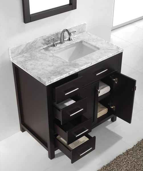 Virtu USA Caroline Parkway 36" Single Bath Vanity with Marble Top and Square Sink with Polished Chrome Faucet and Mirror - Luxe Bathroom Vanities Luxury Bathroom Fixtures Bathroom Furniture