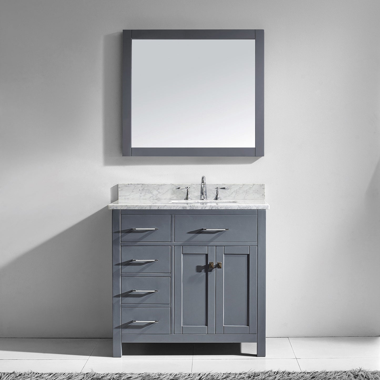 Virtu USA Caroline Parkway 36" Single Bath Vanity with Marble Top and Square Sink with Brushed Nickel Faucet and Mirror - Luxe Bathroom Vanities Luxury Bathroom Fixtures Bathroom Furniture