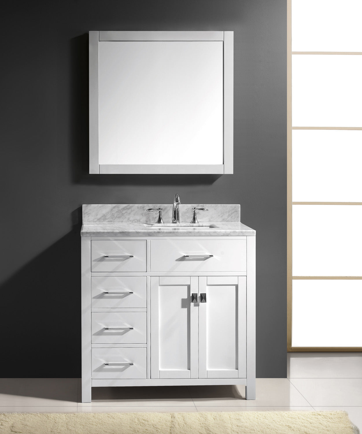 Virtu USA Caroline Parkway 36" Single Bath Vanity with Marble Top and Square Sink with Brushed Nickel Faucet and Mirror - Luxe Bathroom Vanities Luxury Bathroom Fixtures Bathroom Furniture