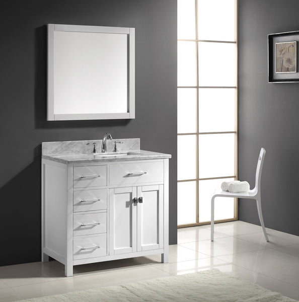 Virtu USA Caroline Parkway 36" Single Bath Vanity with Marble Top and Square Sink with Brushed Nickel Faucet and Mirror - Luxe Bathroom Vanities Luxury Bathroom Fixtures Bathroom Furniture