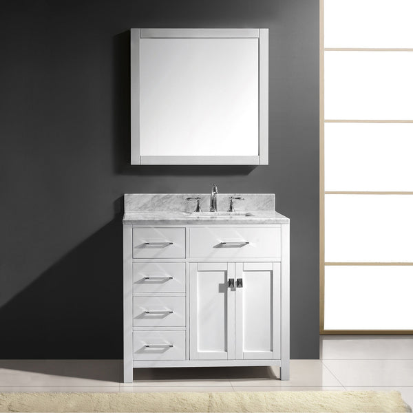 Virtu USA Caroline Parkway 36" Single Bath Vanity with Italian Carrara White Marble Top and Square Sink with Polished Chrome Faucet with Matching Mirror - Luxe Bathroom Vanities