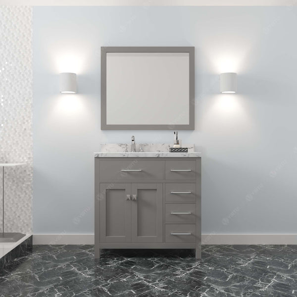 Virtu USA Caroline Parkway 36" Single Bath Vanity with Cultured Marble Quartz Top and Round Sink with Polished Chrome Faucet with Matching Mirror - Luxe Bathroom Vanities