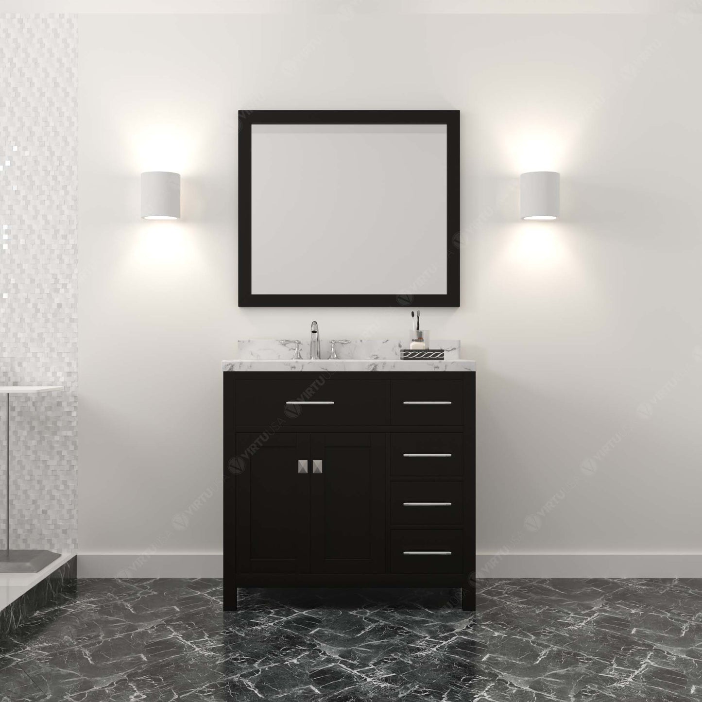 Virtu USA Caroline Parkway 36" Single Bath Vanity with Cultured Marble Quartz Top and Round Sink with Brushed Nickel Faucet with Matching Mirror - Luxe Bathroom Vanities