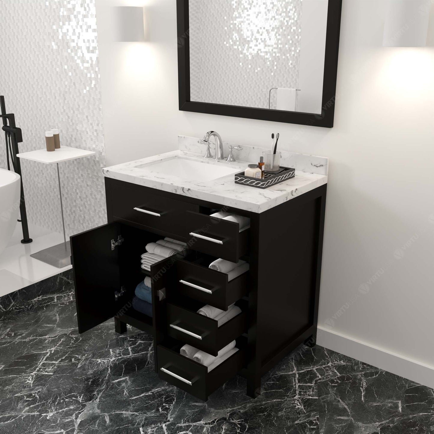 Virtu USA Caroline Parkway 36" Single Bath Vanity with Cultured Marble Quartz Top and Square Sink with Brushed Nickel Faucet with Matching Mirror - Luxe Bathroom Vanities