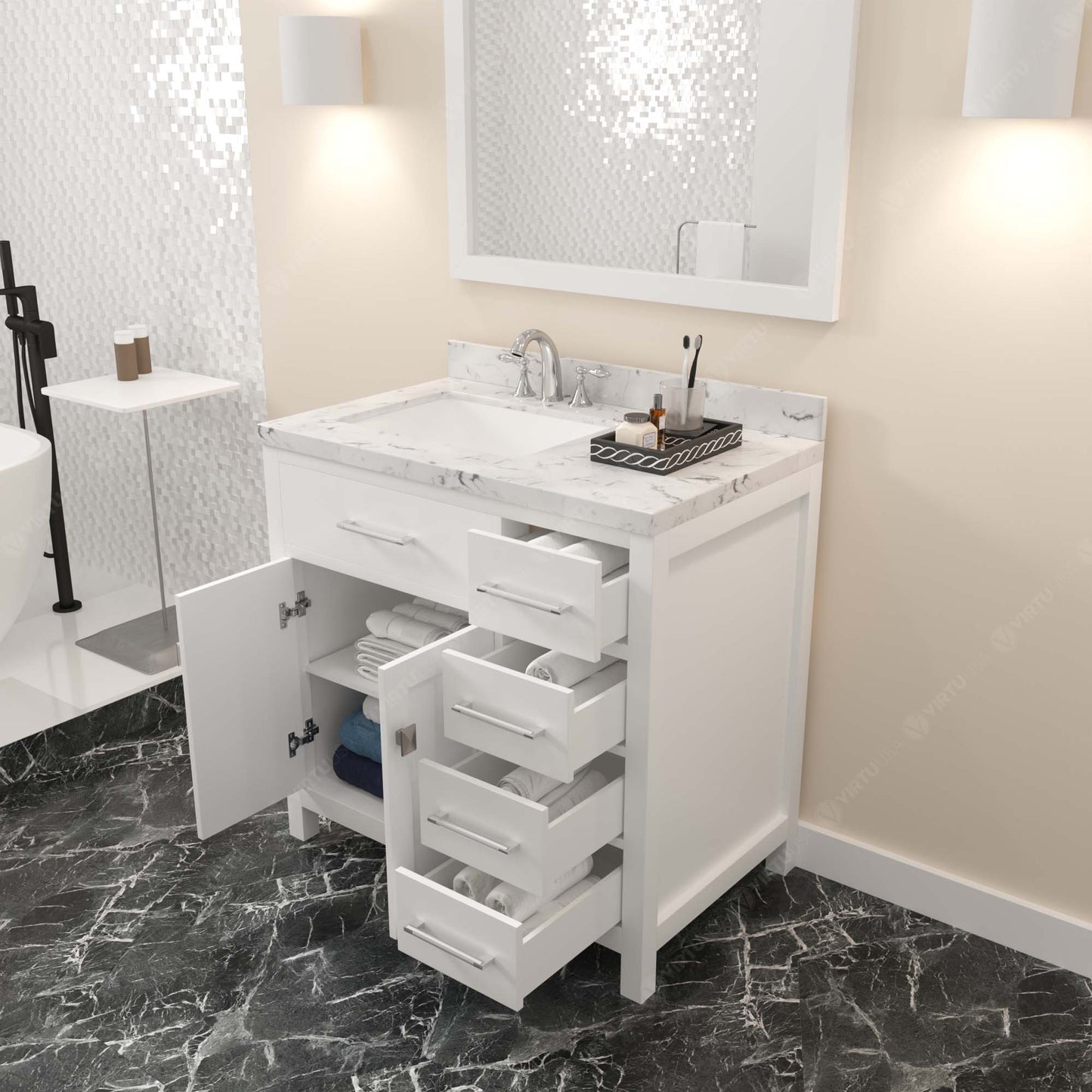 Virtu USA Caroline Parkway 36" Single Bath Vanity with Cultured Marble Quartz Top and Square Sink with Polished Chrome Faucet with Matching Mirror - Luxe Bathroom Vanities