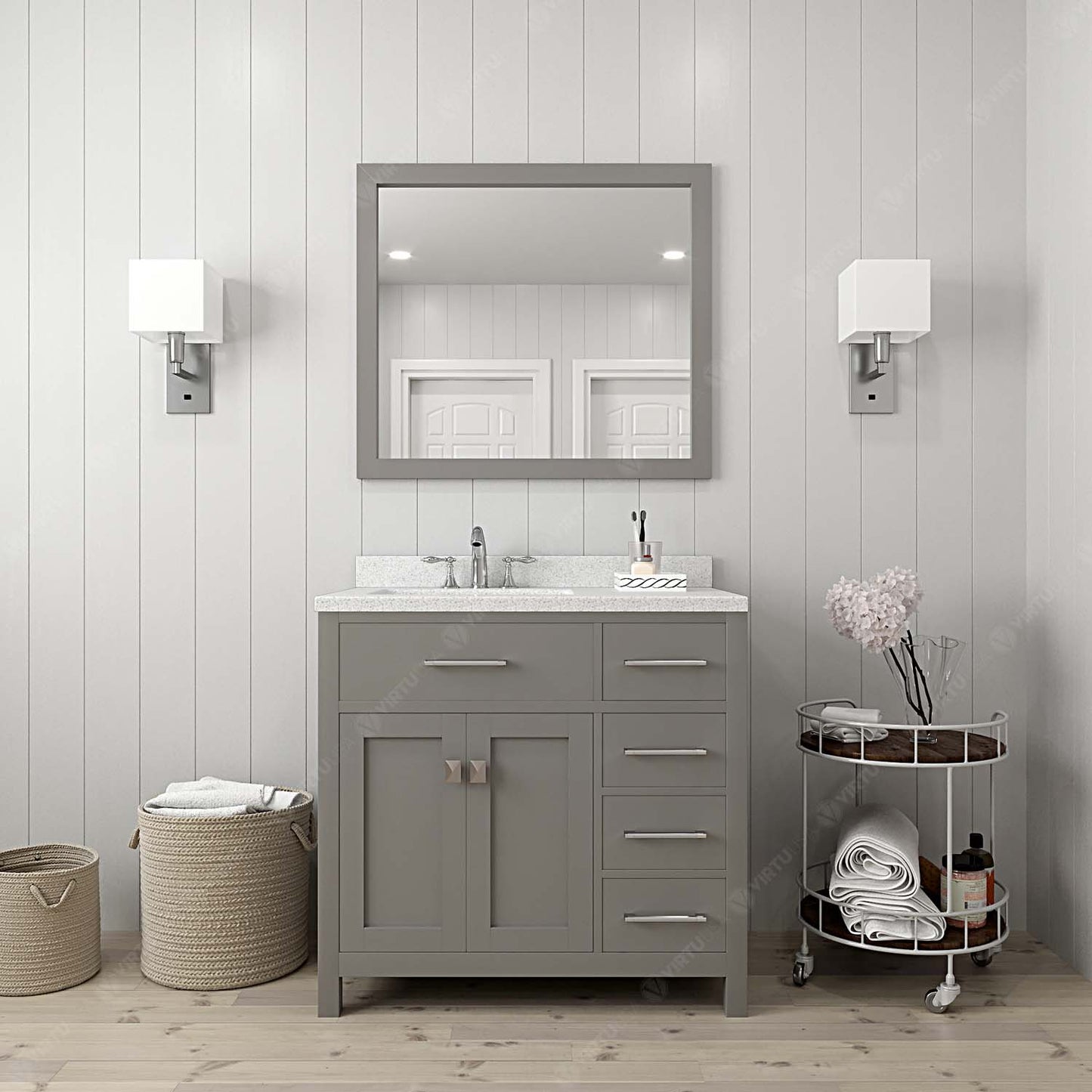 Virtu USA Caroline Parkway 36" Single Bath Vanity in Cashmere Grey with Dazzle White Top and Round Sink with Mirror - Luxe Bathroom Vanities Luxury Bathroom Fixtures Bathroom Furniture