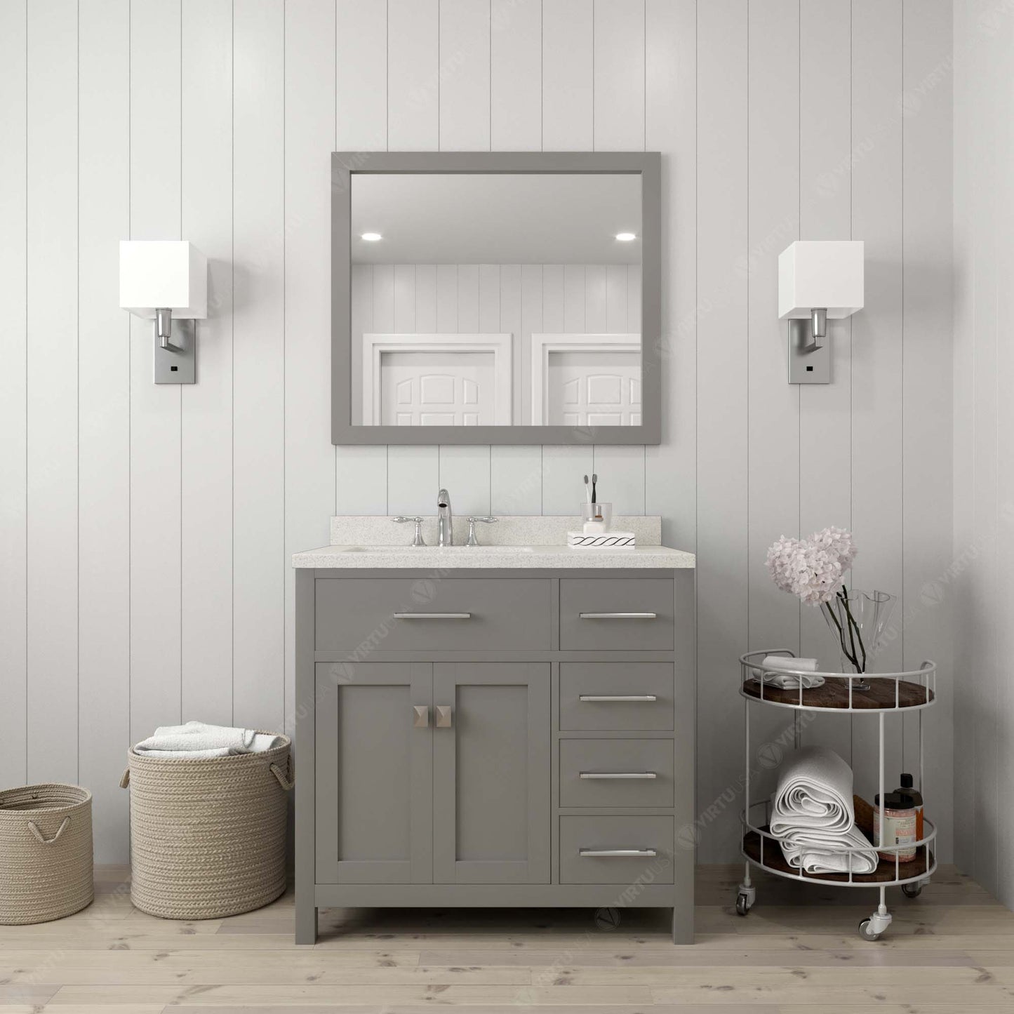 Virtu USA Caroline Parkway 36" Single Bath Vanity in Cashmere Grey with Dazzle White Top and Round Sink with Brushed Nickel Faucet and Mirror - Luxe Bathroom Vanities