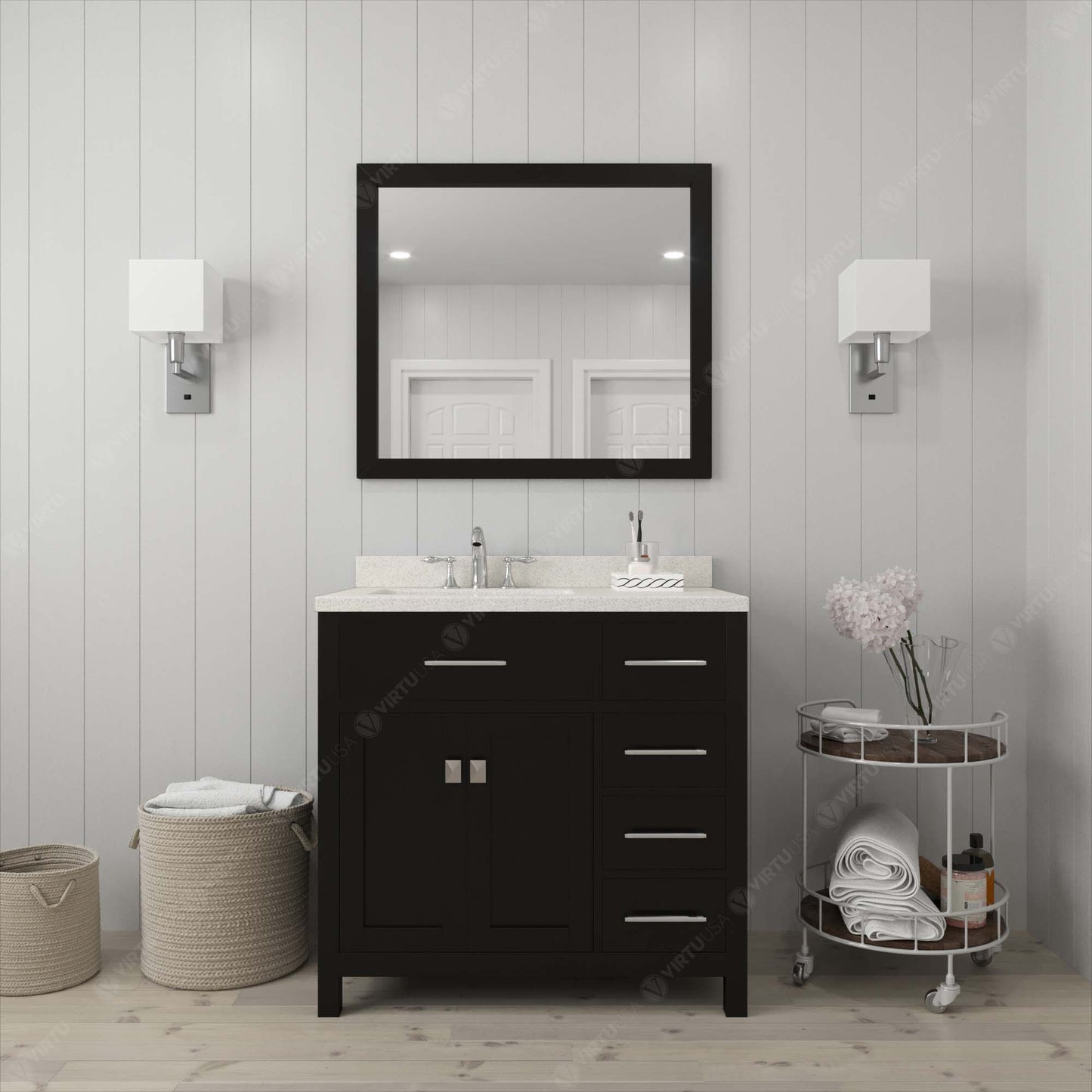 Virtu USA Caroline Parkway 36" Single Bath Vanity with Dazzle White Quartz Top and Round Sink with Matching Mirror - Luxe Bathroom Vanities