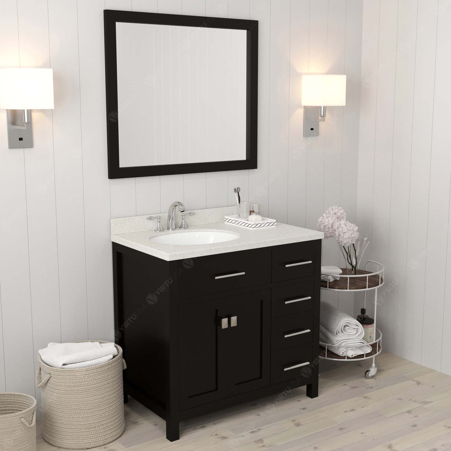 Virtu USA Caroline Parkway 36" Single Bath Vanity with Dazzle White Quartz Top and Round Sink with Brushed Nickel Faucet with Matching Mirror - Luxe Bathroom Vanities