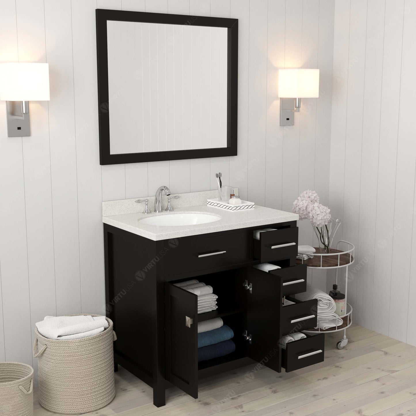 Virtu USA Caroline Parkway 36" Single Bath Vanity with Dazzle White Quartz Top and Round Sink with Matching Mirror - Luxe Bathroom Vanities