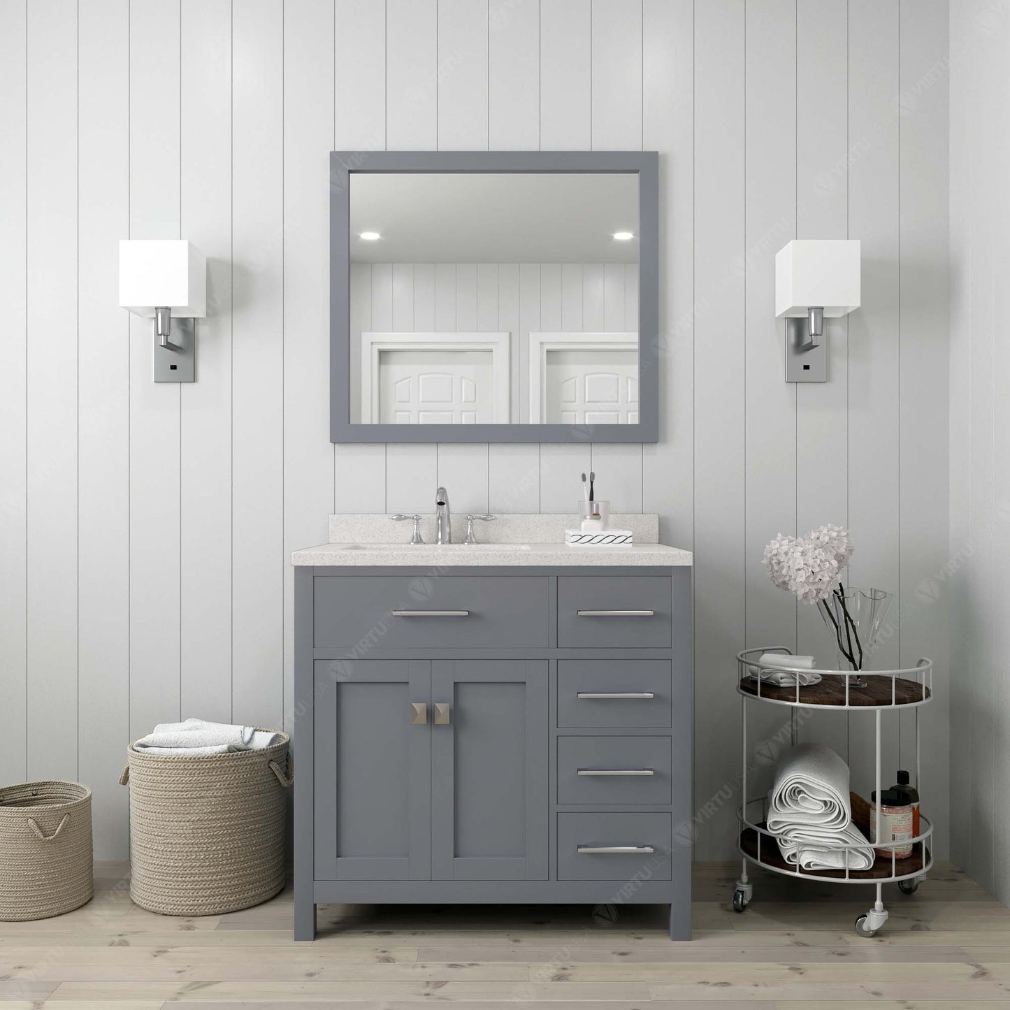 Virtu USA Caroline Parkway 36" Single Bath Vanity with Dazzle White Quartz Top and Round Sink with Matching Mirror - Luxe Bathroom Vanities