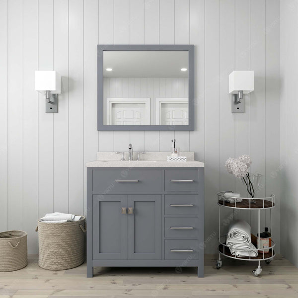 Virtu USA Caroline Parkway 36" Single Bath Vanity with Dazzle White Quartz Top and Round Sink with Brushed Nickel Faucet with Matching Mirror - Luxe Bathroom Vanities