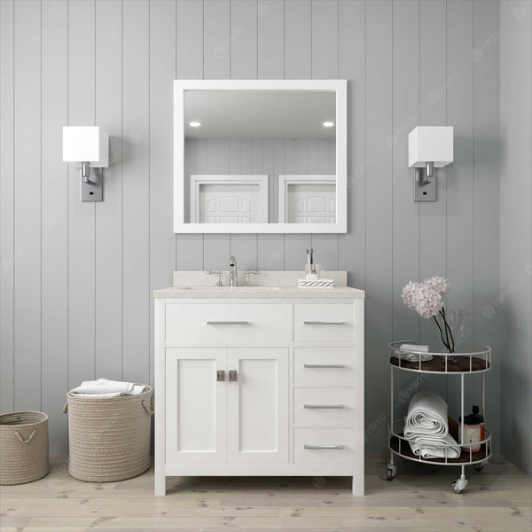 Virtu USA Caroline Parkway 36" Single Bath Vanity with Dazzle White Quartz Top and Round Sink with Polished Chrome Faucet with Matching Mirror - Luxe Bathroom Vanities