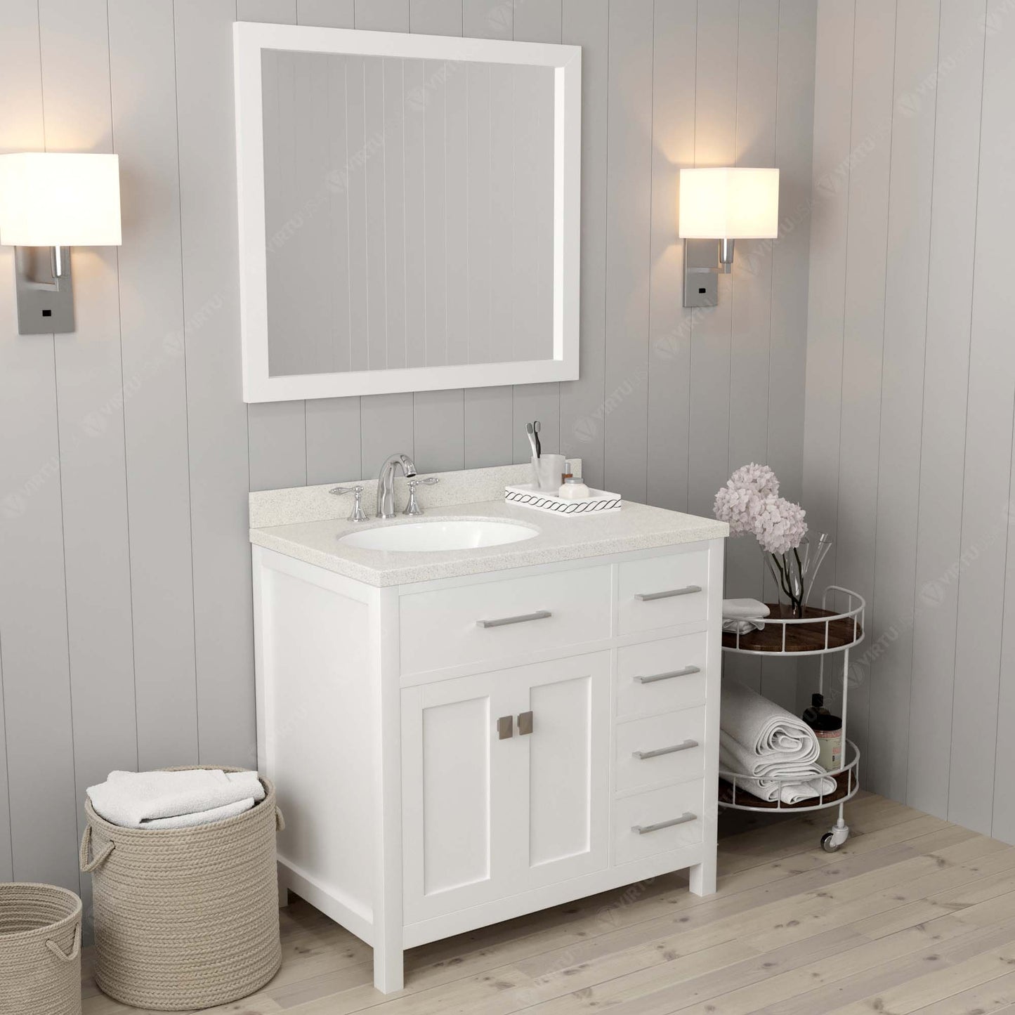 Virtu USA Caroline Parkway 36" Single Bath Vanity with Dazzle White Quartz Top and Round Sink with Matching Mirror - Luxe Bathroom Vanities