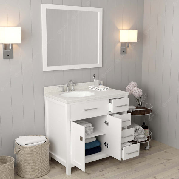 Virtu USA Caroline Parkway 36" Single Bath Vanity with Dazzle White Quartz Top and Round Sink with Matching Mirror - Luxe Bathroom Vanities