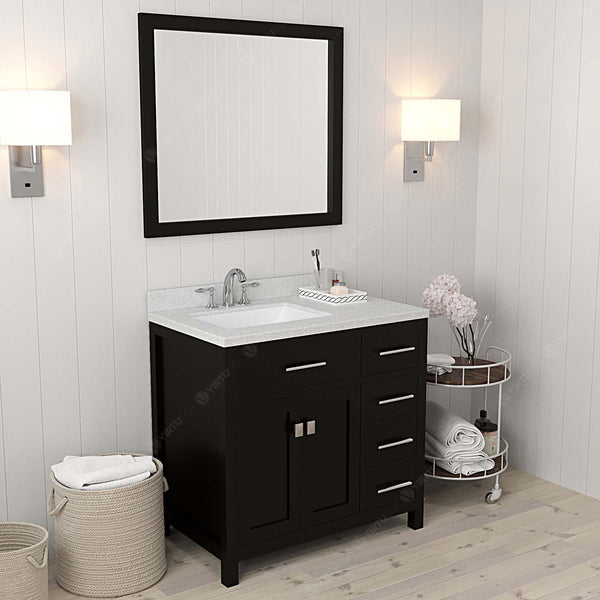 Virtu USA Caroline Parkway 36" Single Bath Vanity with Dazzle White Top and Square Sink with Polished Chrome Faucet and Mirror - Luxe Bathroom Vanities Luxury Bathroom Fixtures Bathroom Furniture