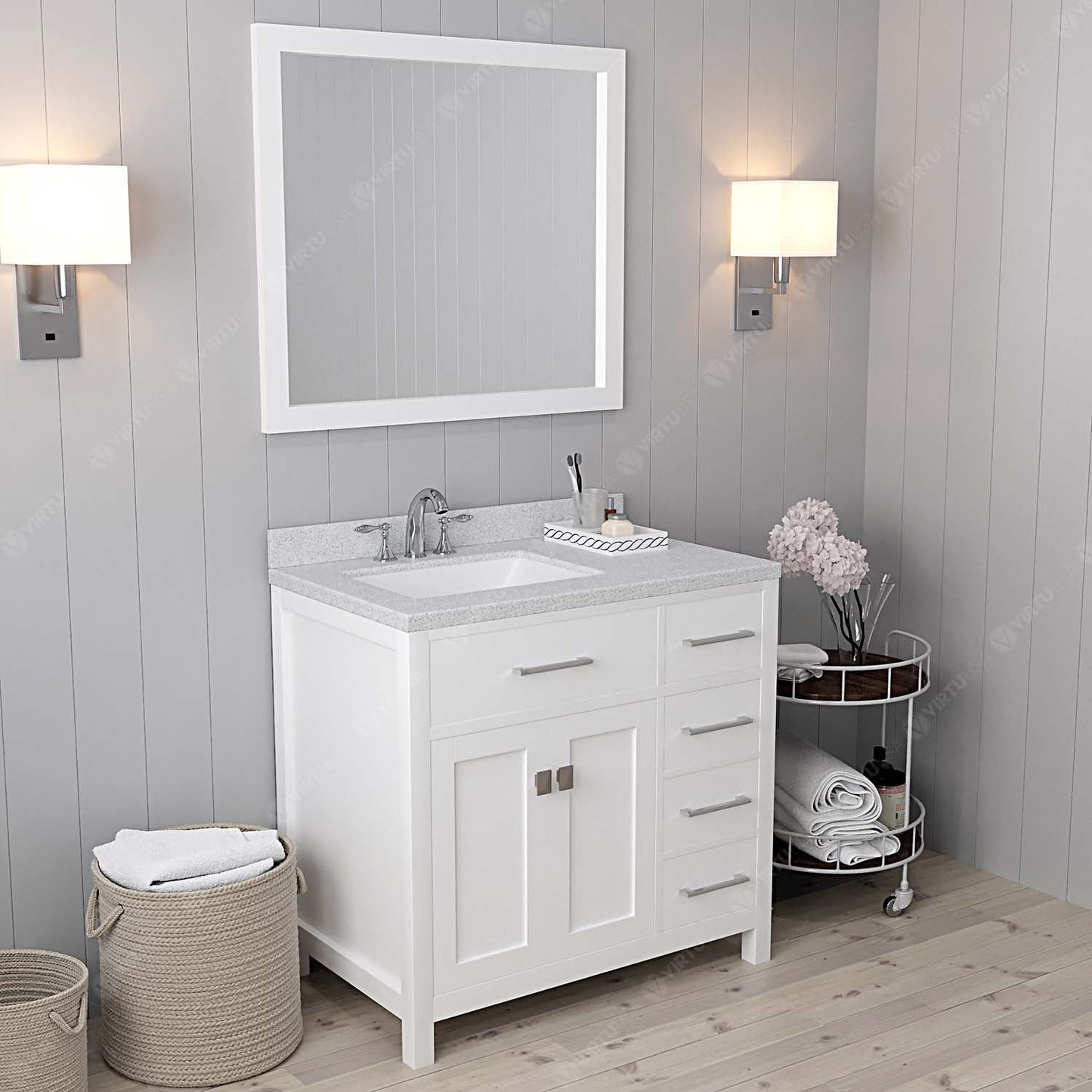 Virtu USA Caroline Parkway 36" Single Bath Vanity with Dazzle White Top and Square Sink with Brushed Nickel Faucet and Mirror - Luxe Bathroom Vanities