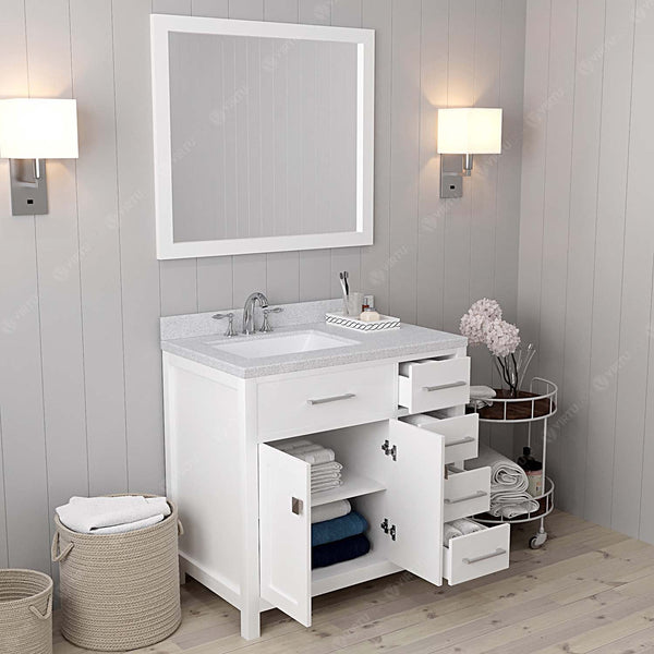 Virtu USA Caroline Parkway 36" Single Bath Vanity with Dazzle White Top and Square Sink with Brushed Nickel Faucet and Mirror - Luxe Bathroom Vanities