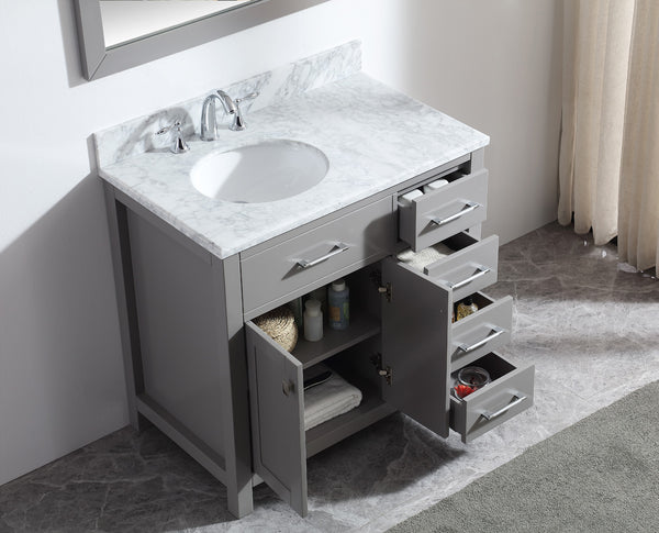 Virtu USA Caroline Parkway 36" Single Bath Vanity in Cashmere Grey with Marble Top and Round Sink with Polished Chrome Faucet and Mirror - Luxe Bathroom Vanities Luxury Bathroom Fixtures Bathroom Furniture