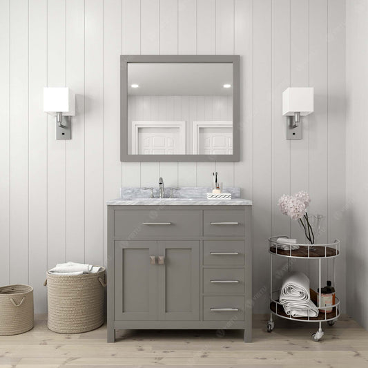 Virtu USA Caroline Parkway 36" Single Bath Vanity with Italian White Marble Top and Round Sink with Brushed Nickel Faucet with Matching Mirror - Luxe Bathroom Vanities