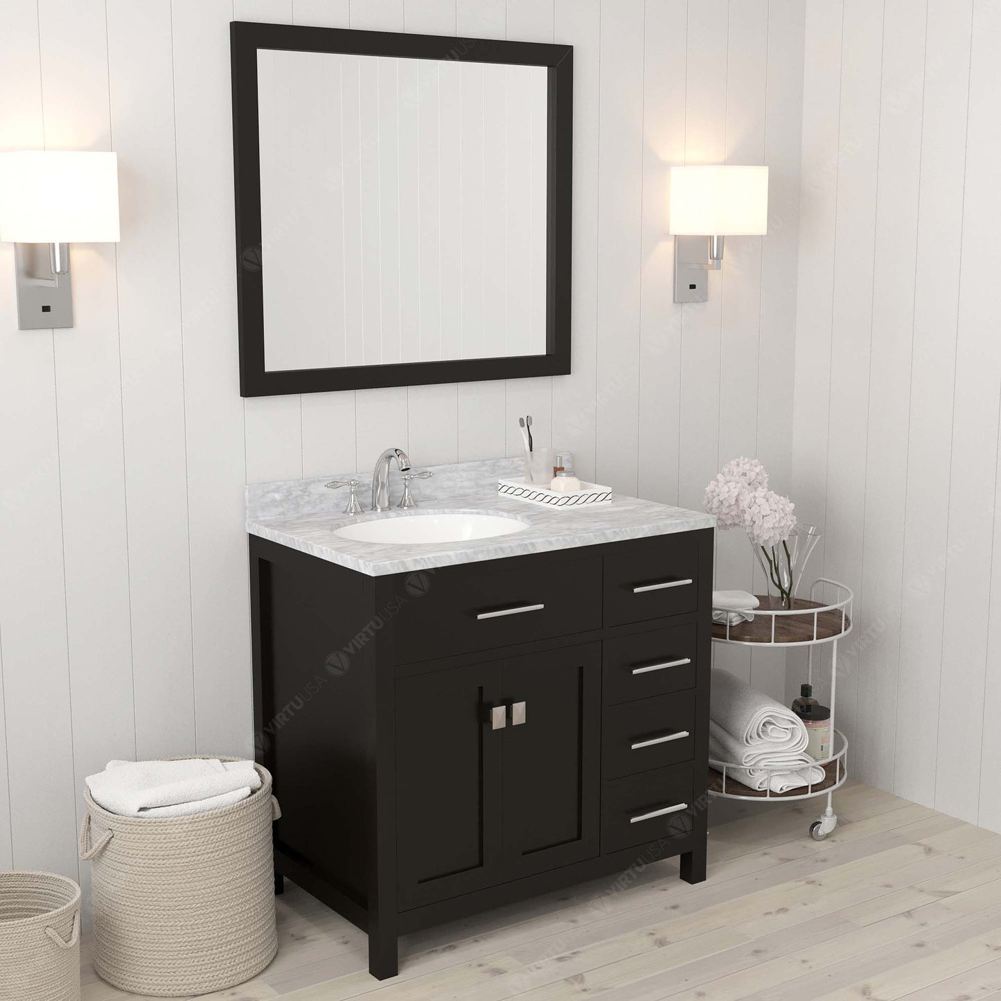 Virtu USA Caroline Parkway 36" Single Bath Vanity with Italian White Marble Top and Round Sink with Matching Mirror - Luxe Bathroom Vanities