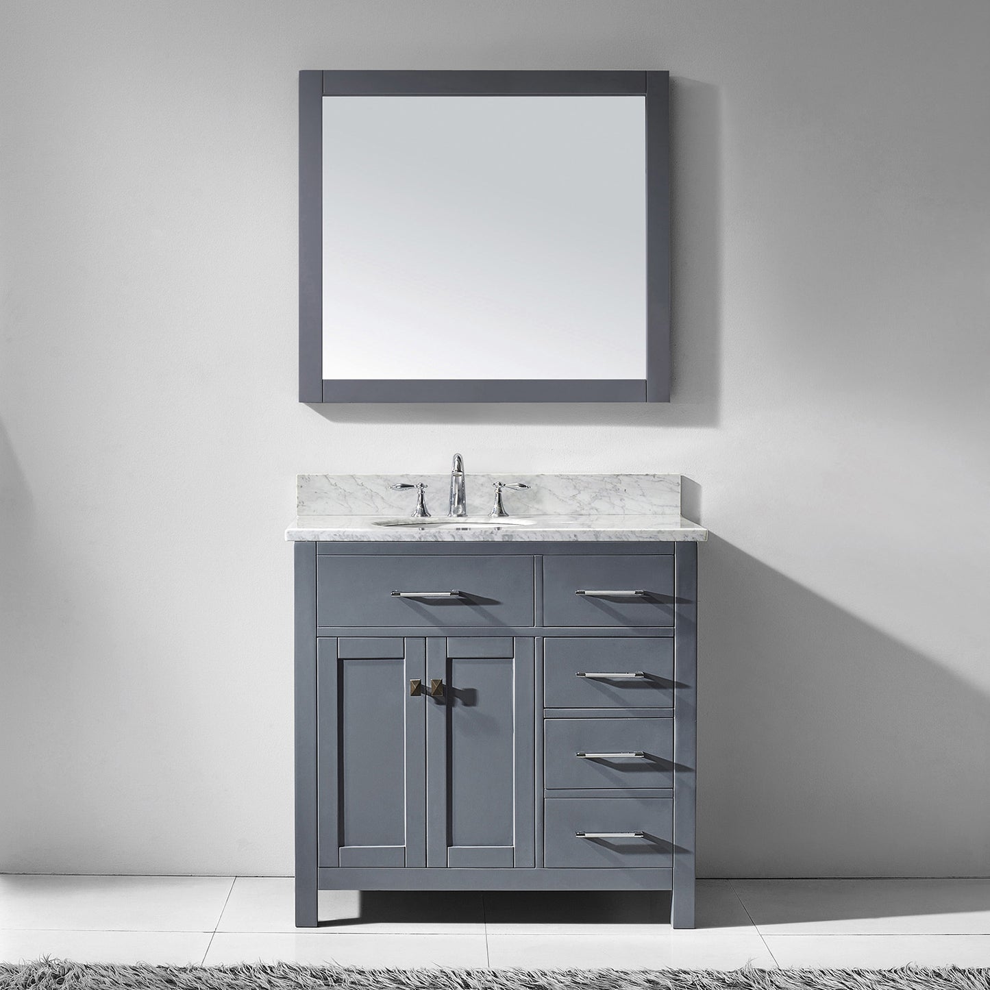 Virtu USA Caroline Parkway 36" Single Bath Vanity with Italian White Marble Top and Round Sink with Matching Mirror - Luxe Bathroom Vanities