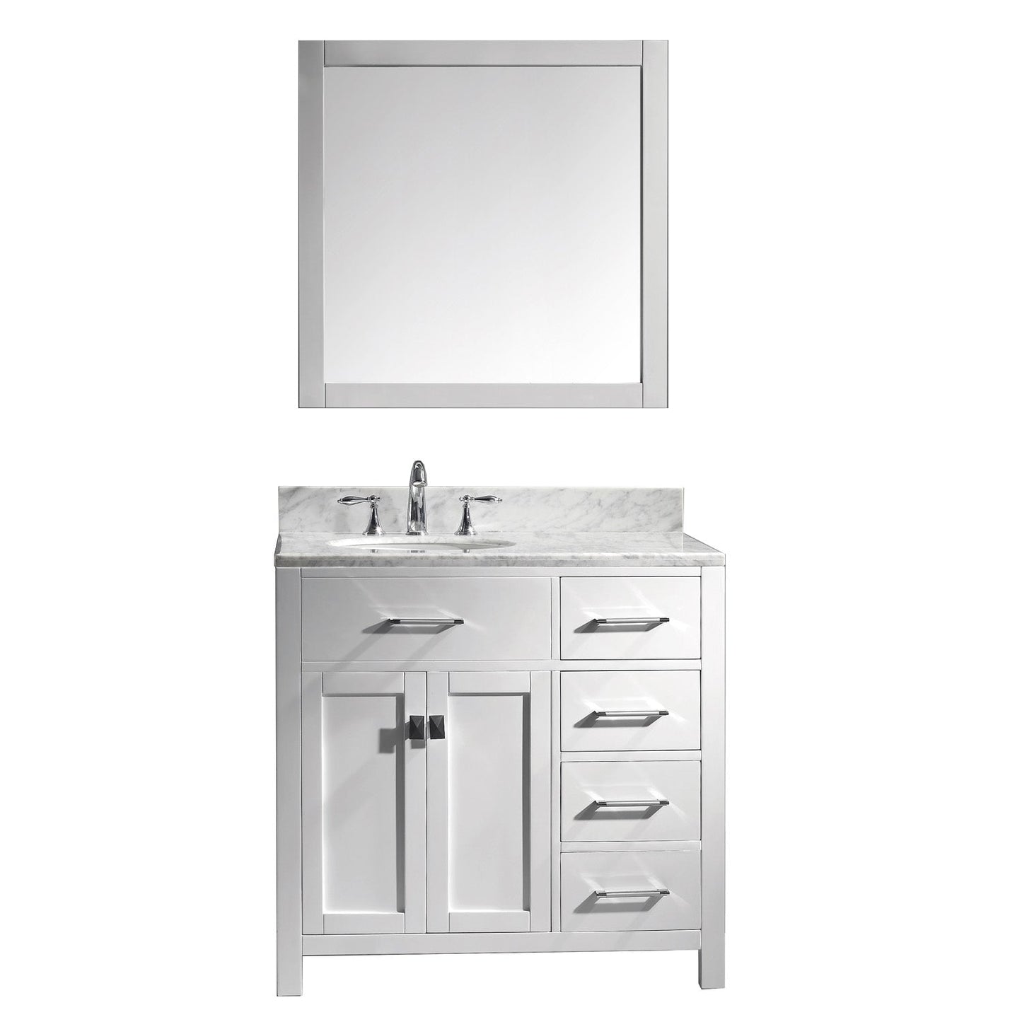 Virtu USA Caroline Parkway 36" Single Bath Vanity with Marble Top and Round Sink with Polished Chrome Faucet and Mirror - Luxe Bathroom Vanities