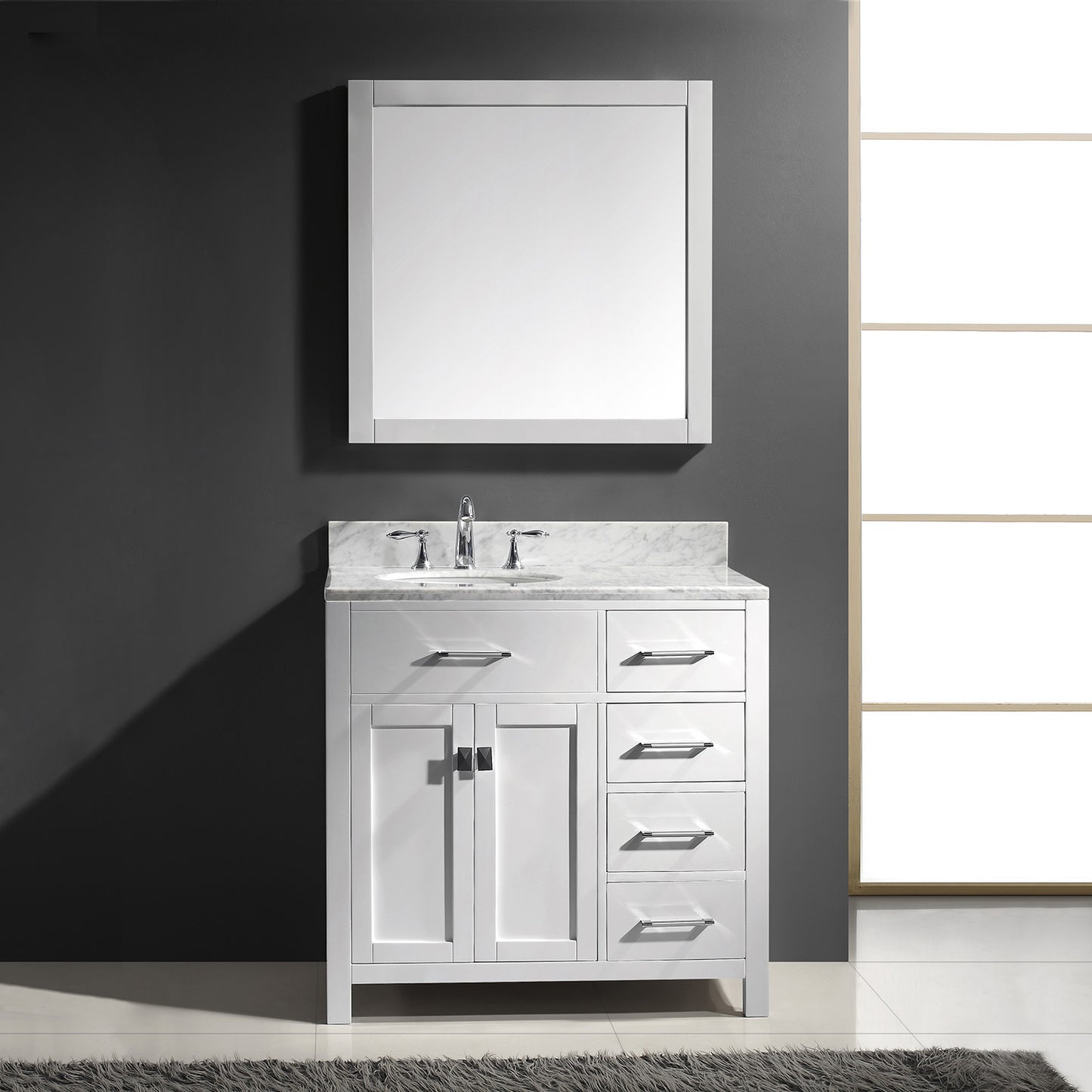 Virtu USA Caroline Parkway 36" Single Bath Vanity with Italian White Marble Top and Round Sink with Matching Mirror - Luxe Bathroom Vanities