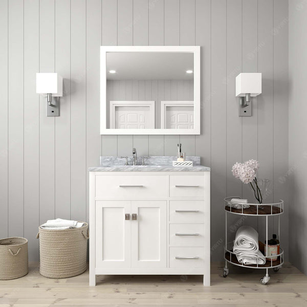 Virtu USA Caroline Parkway 36" Single Bath Vanity with Italian White Marble Top and Round Sink with Matching Mirror - Luxe Bathroom Vanities