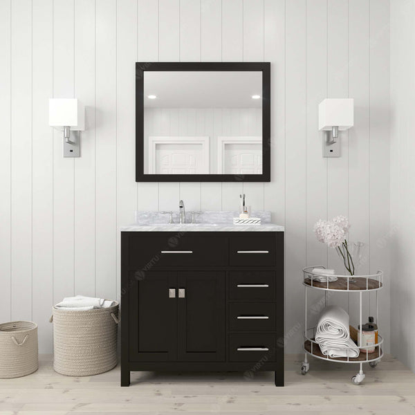 Virtu USA Caroline Parkway 36" Single Bath Vanity with Italian White Marble Top and Square Sink with Polished Chrome Faucet with Matching Mirror - Luxe Bathroom Vanities