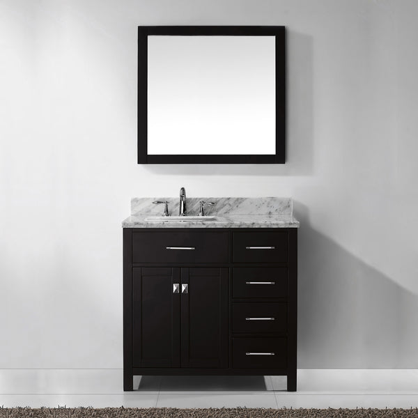 Virtu USA Caroline Parkway 36" Single Bath Vanity with Italian White Marble Top and Square Sink with Brushed Nickel Faucet with Matching Mirror - Luxe Bathroom Vanities