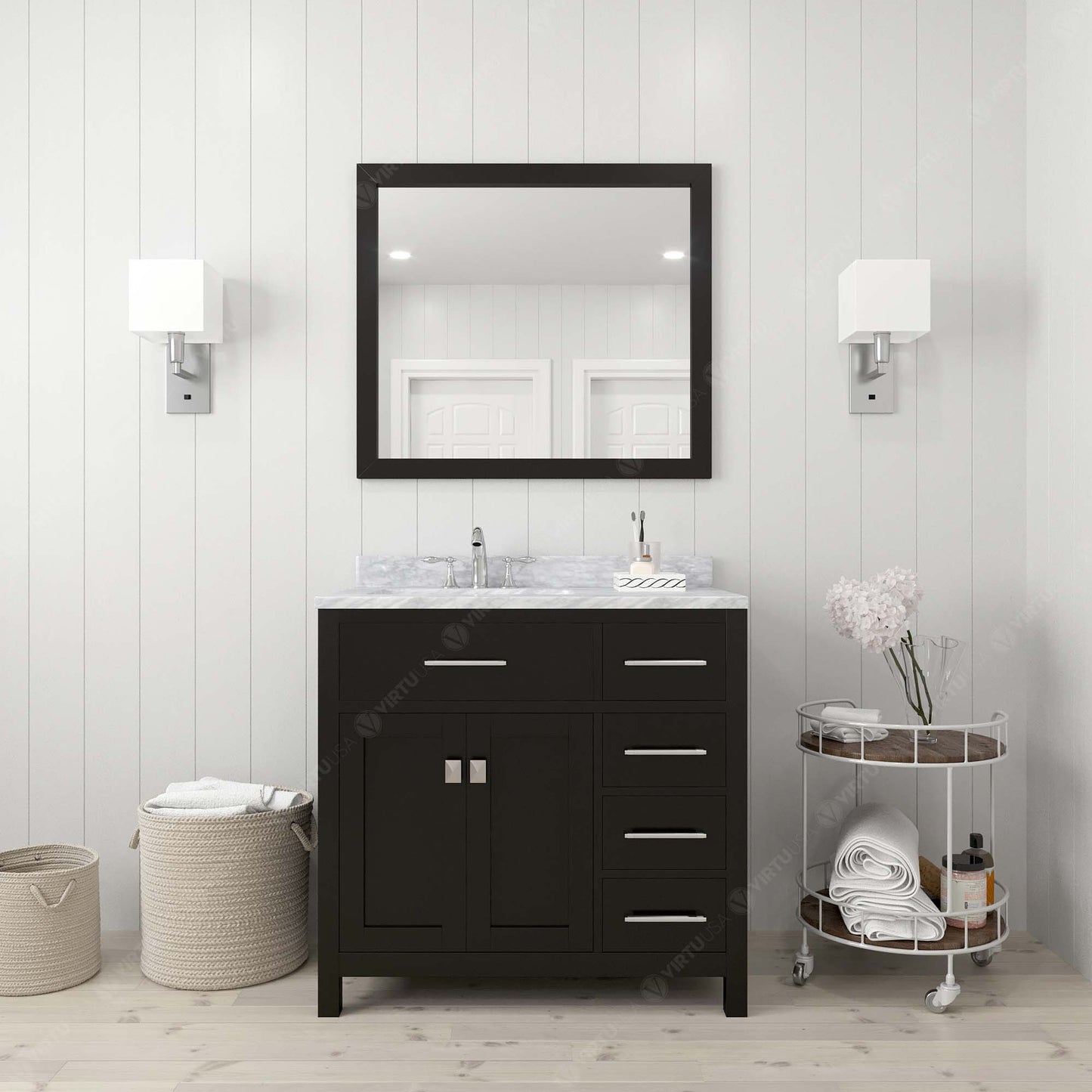 Virtu USA Caroline Parkway 36" Single Bath Vanity with Italian White Marble Top and Square Sink with Brushed Nickel Faucet with Matching Mirror - Luxe Bathroom Vanities