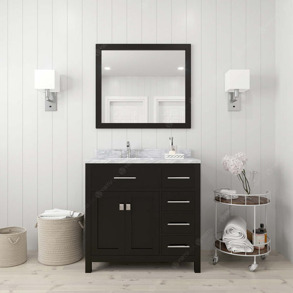 Virtu USA Caroline Parkway 36" Single Bath Vanity with Italian White Marble Top and Square Sink with Brushed Nickel Faucet with Matching Mirror - Luxe Bathroom Vanities