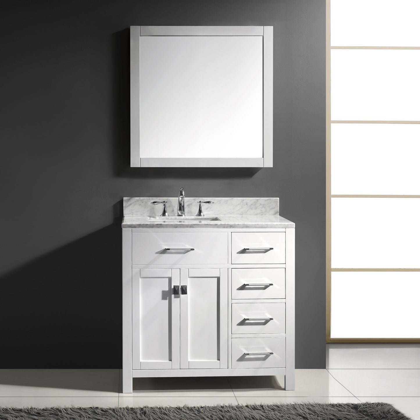 Virtu USA Caroline Parkway 36" Single Bath Vanity with Italian White Marble Top and Square Sink with Matching Mirror - Luxe Bathroom Vanities