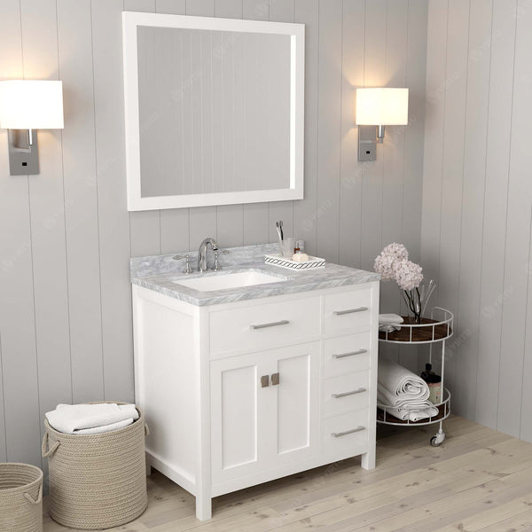 Virtu USA Caroline Parkway 36" Single Bath Vanity with Italian White Marble Top and Square Sink with Brushed Nickel Faucet with Matching Mirror - Luxe Bathroom Vanities