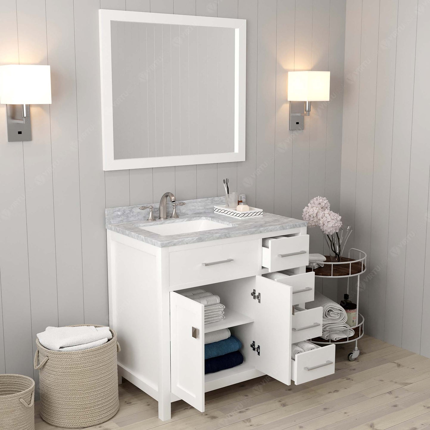 Virtu USA Caroline Parkway 36" Single Bath Vanity with Italian White Marble Top and Square Sink with Polished Chrome Faucet with Matching Mirror - Luxe Bathroom Vanities