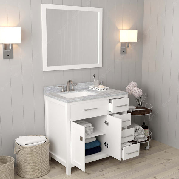 Virtu USA Caroline Parkway 36" Single Bath Vanity with Italian White Marble Top and Square Sink with Polished Chrome Faucet with Matching Mirror - Luxe Bathroom Vanities