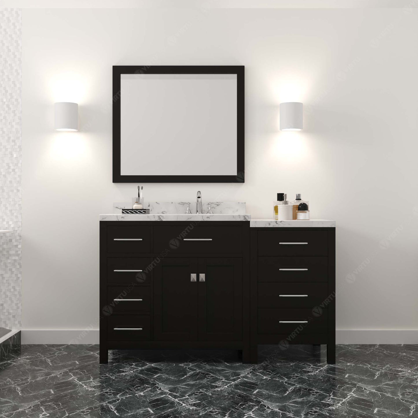 Virtu USA Caroline Parkway 57" Single Bath Vanity with White Quartz Top and Round Sink with Brushed Nickel Faucet with Matching Mirror - Luxe Bathroom Vanities