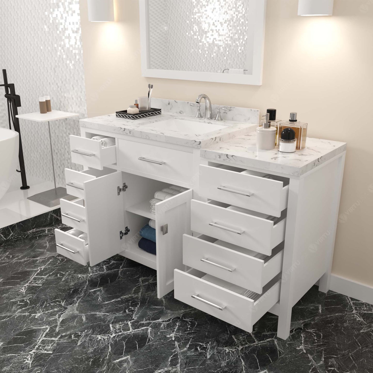 Virtu USA Caroline Parkway 57" Single Bath Vanity with White Quartz Top and Square Sink with Matching Mirror - Luxe Bathroom Vanities