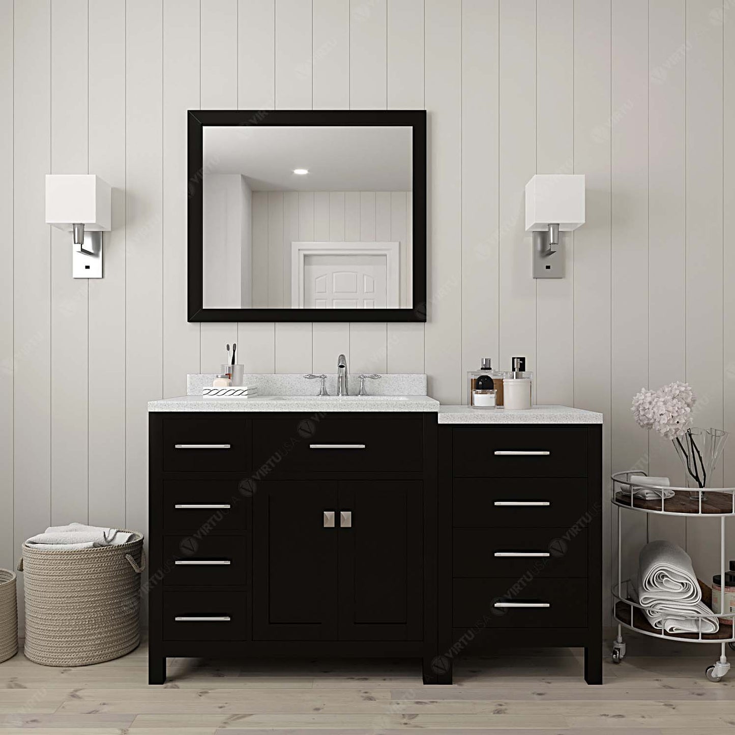 Virtu USA Caroline Parkway 57" Single Bath Vanity with Dazzle White Top and Round Sink with Polished Chrome Faucet and Mirror - Luxe Bathroom Vanities Luxury Bathroom Fixtures Bathroom Furniture