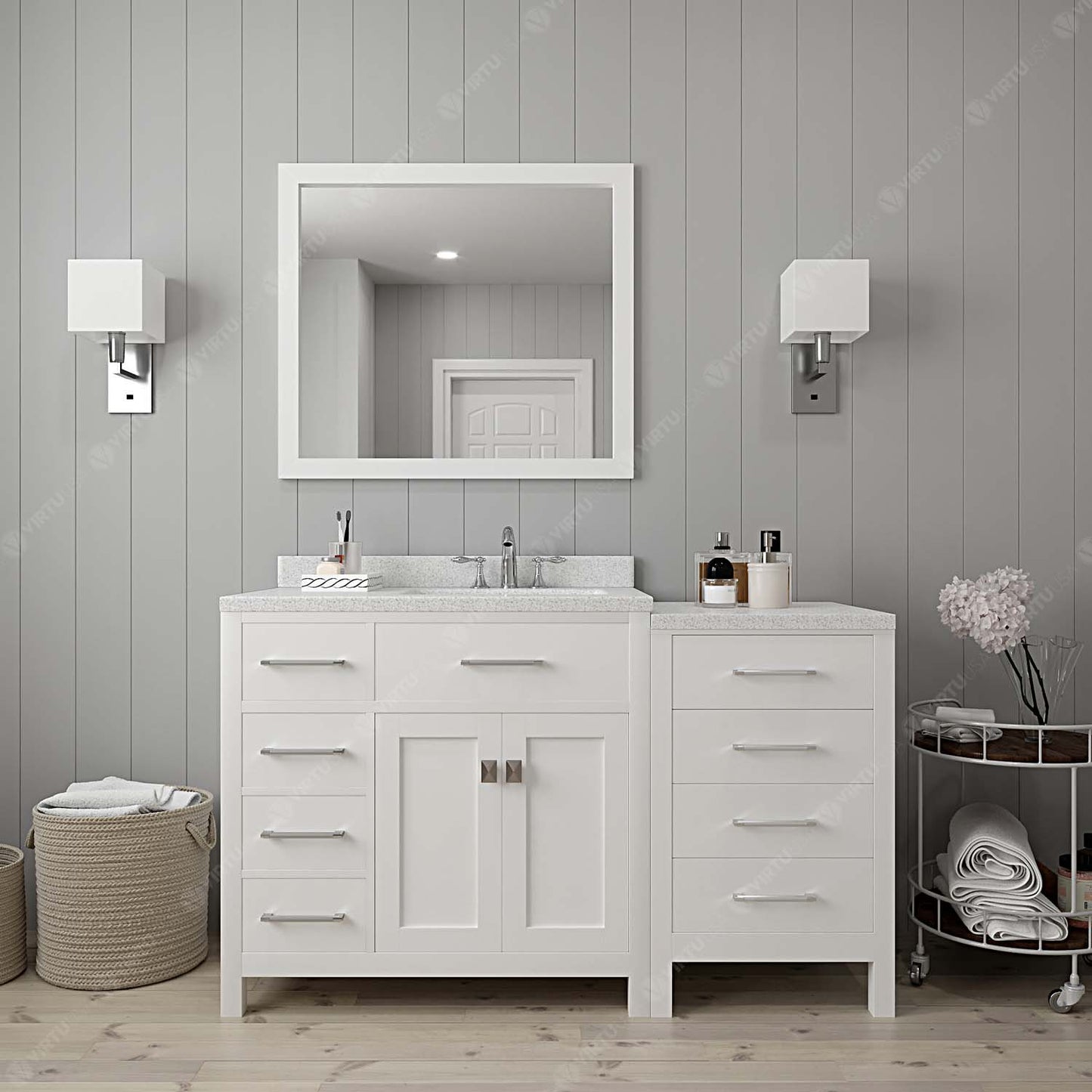 Virtu USA Caroline Parkway 57" Single Bath Vanity with Dazzle White Top and Round Sink with Polished Chrome Faucet and Mirror - Luxe Bathroom Vanities Luxury Bathroom Fixtures Bathroom Furniture