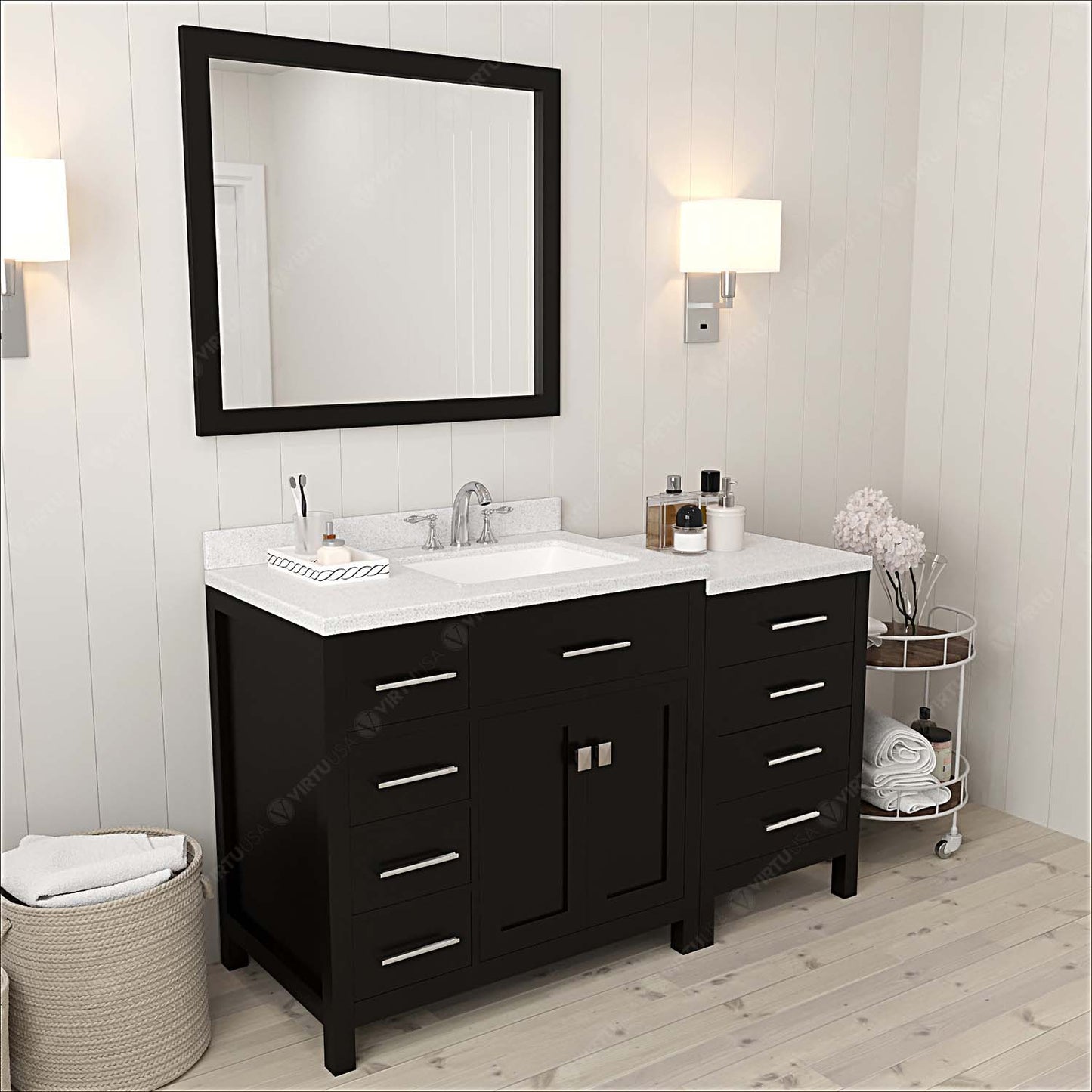 Virtu USA Caroline Parkway 57" Single Bath Vanity with Dazzle White Top and Square Sink with Polished Chrome Faucet and Mirror - Luxe Bathroom Vanities Luxury Bathroom Fixtures Bathroom Furniture