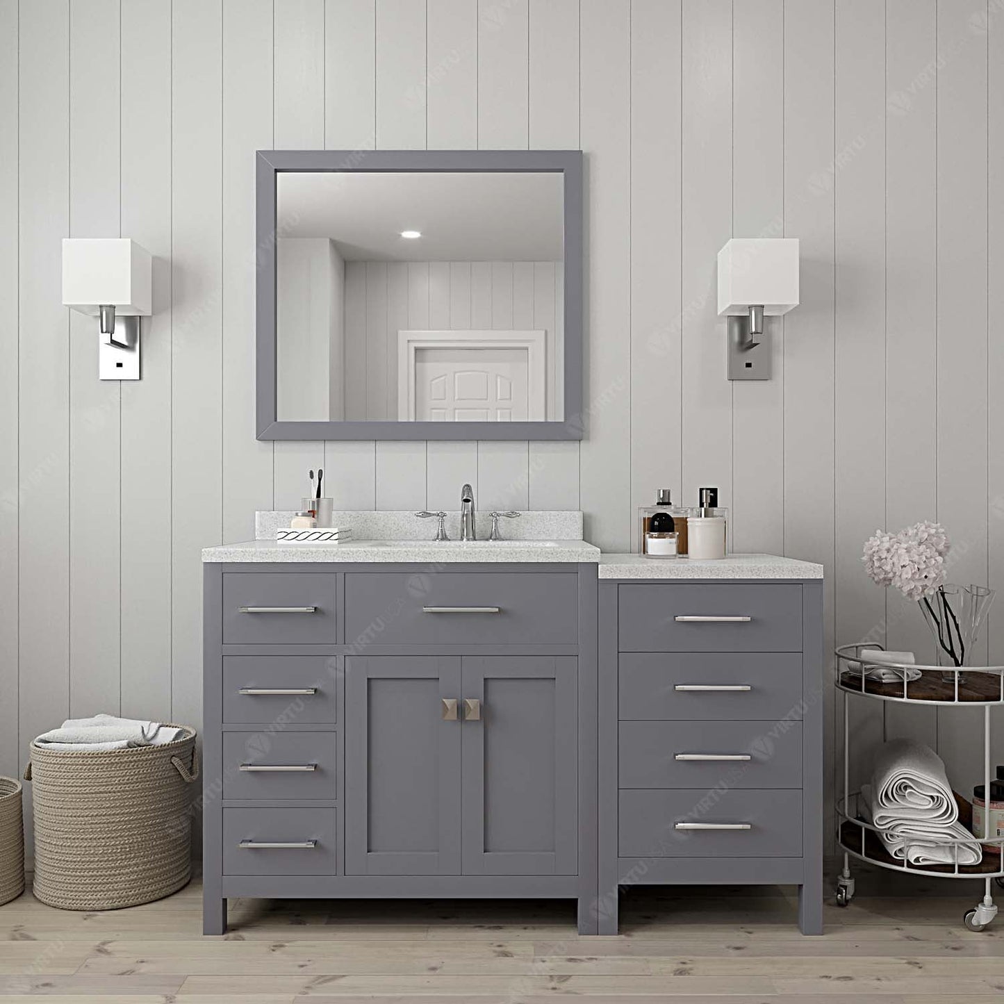 Virtu USA Caroline Parkway 57" Single Bath Vanity with Dazzle White Top and Square Sink with Polished Chrome Faucet and Mirror - Luxe Bathroom Vanities