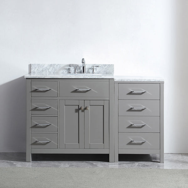 Virtu USA Caroline Parkway 57" Single Bath Vanity in Cashmere Gray with White Marble Top and Round Sink with Brushed Nickel Faucet - Luxe Bathroom Vanities