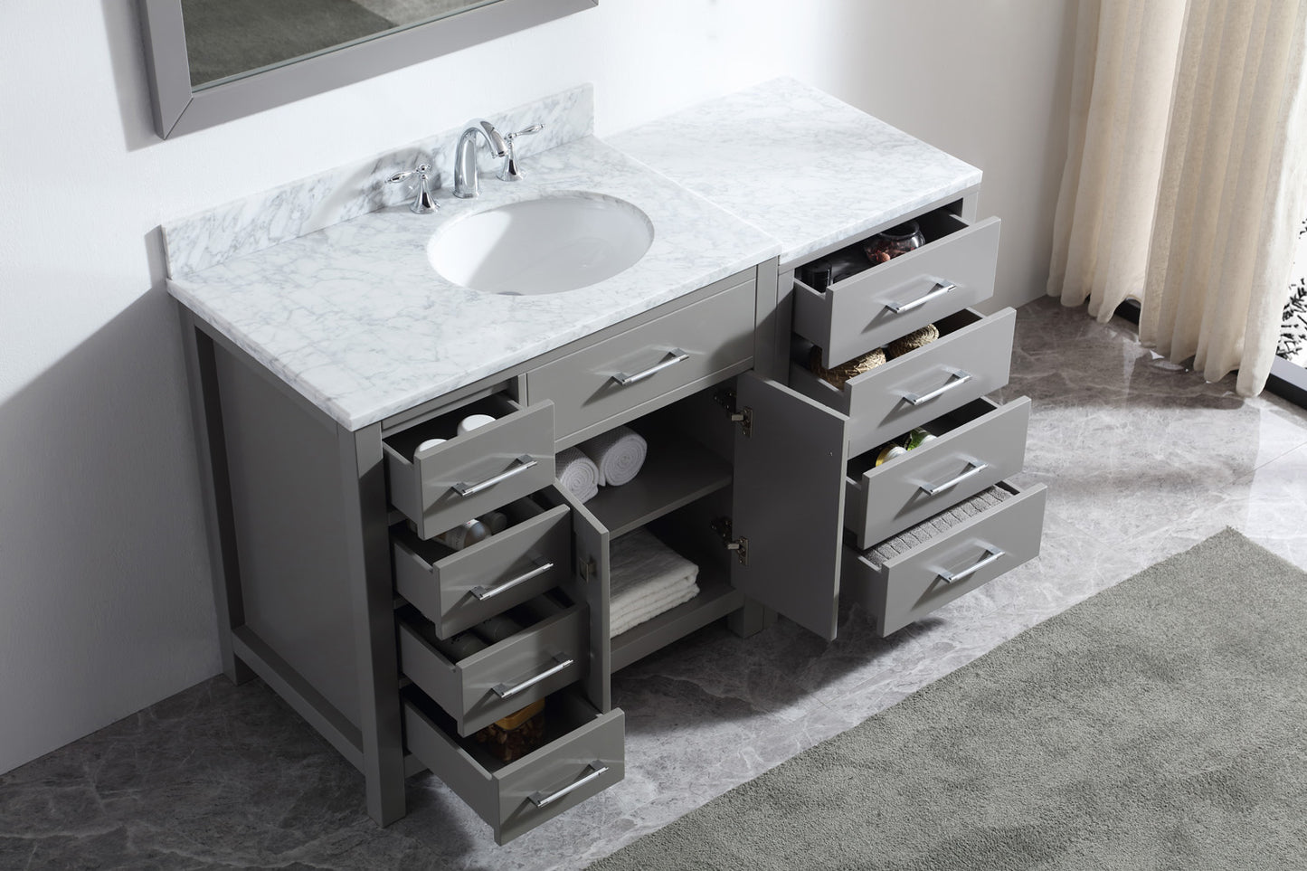 Virtu USA Caroline Parkway 57" Single Bath Vanity with White Marble Top and Round Sink with Polished Chrome Faucet with Matching Mirror - Luxe Bathroom Vanities