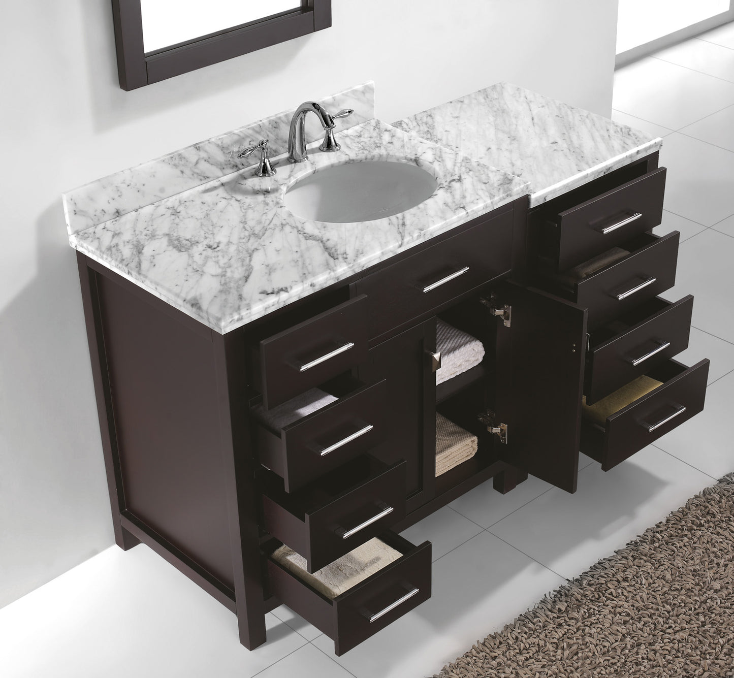 Virtu USA Caroline Parkway 57" Single Bath Vanity with Marble Top and Round Sink with Polished Chrome Faucet and Mirror - Luxe Bathroom Vanities Luxury Bathroom Fixtures Bathroom Furniture